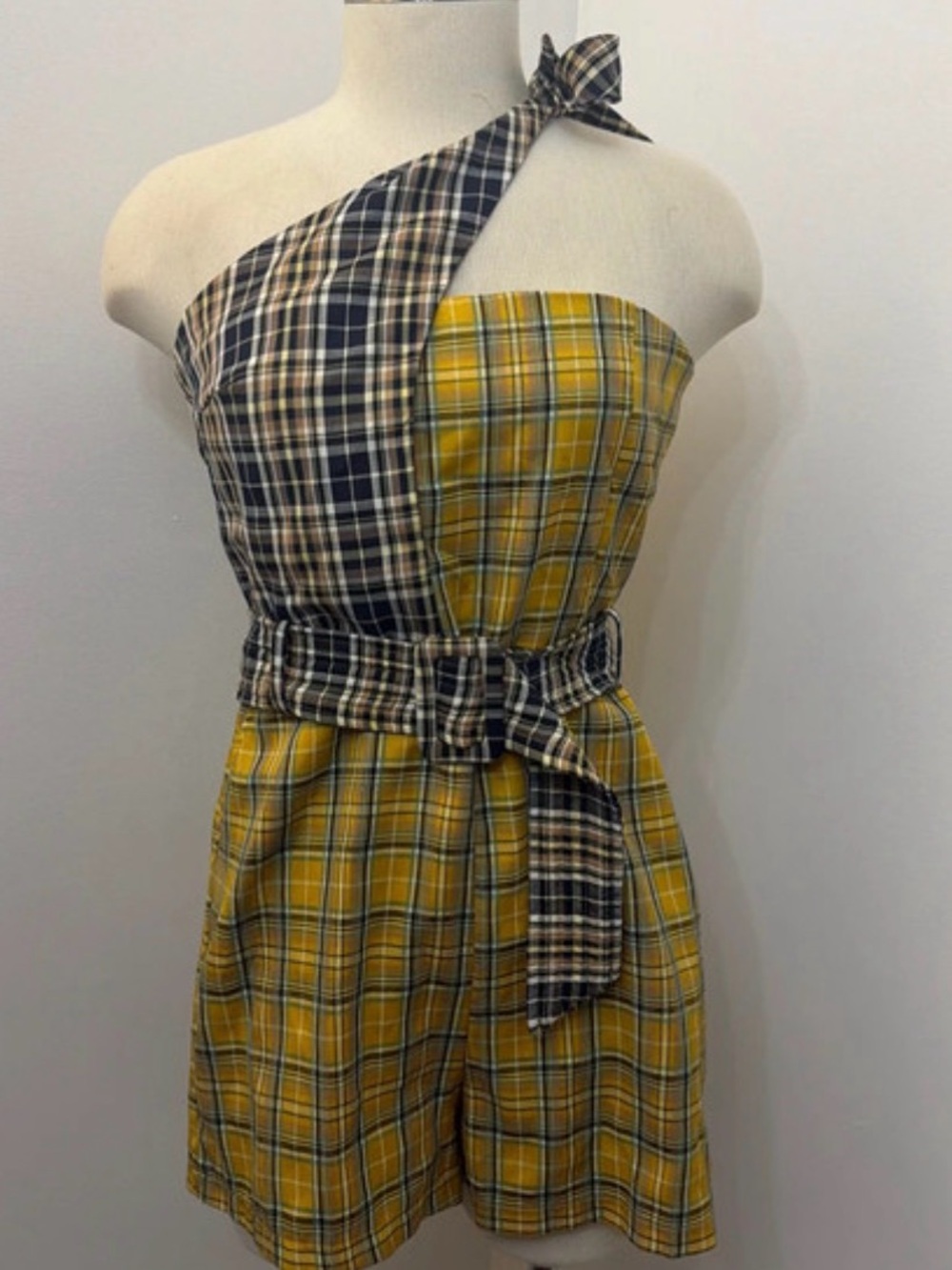 SHEIN Yellow and Navy Plaid One-Shoulder Romper with Tie Belt